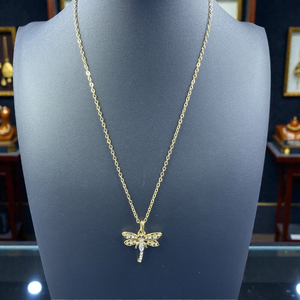 Gold Tone Dragonfly‎ Pendant Necklace Crystal Accents Dainty Gift Jewelry NWOT